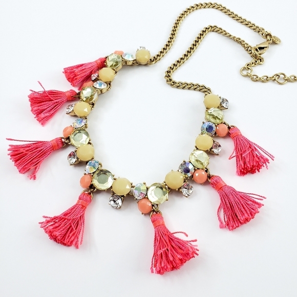 J. Crew necklace pink tassels aurora borealis rhinestones A0302 - Picture 7 of 11